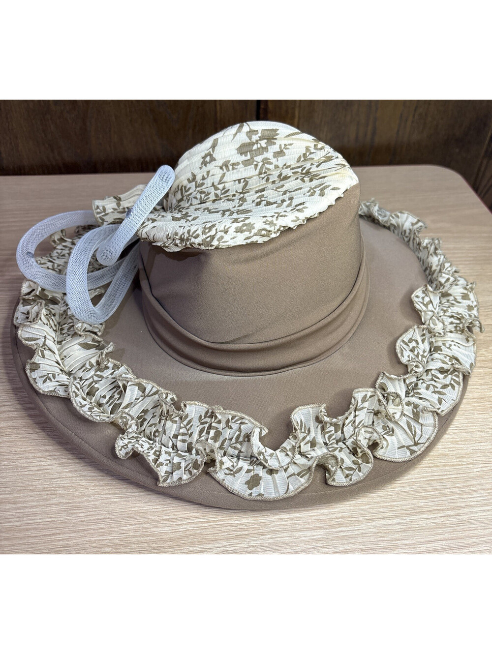 Moshita Couture Women’s Church Derby Hat Beige Brown Ruffles Floral Formal Hat